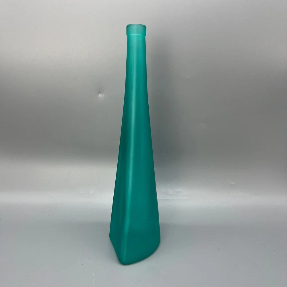 Vintage Asymmetrical Tall Bottle‎ Pressed Glass Frosted Teal Numbered Stamped
